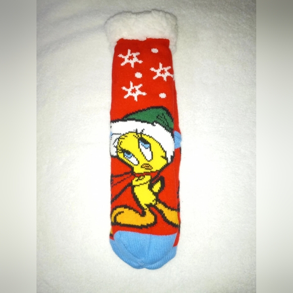 WB Looney Tunes Tweety Bird Non Slip Sherpa Lined Holiday One Size Socks - Picture 2 of 4
